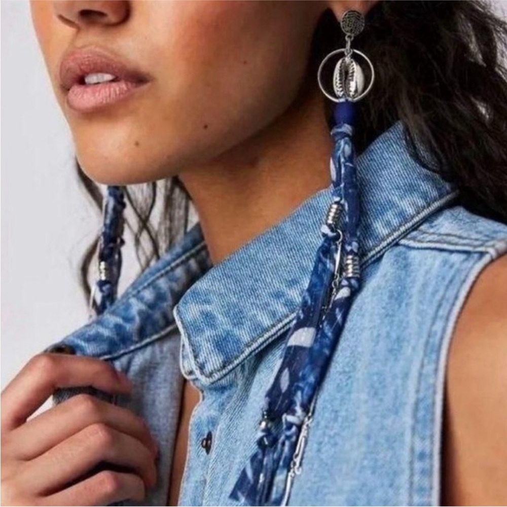Free People Shells Festival Earrings Beaded Fabric Drop Batik Boho